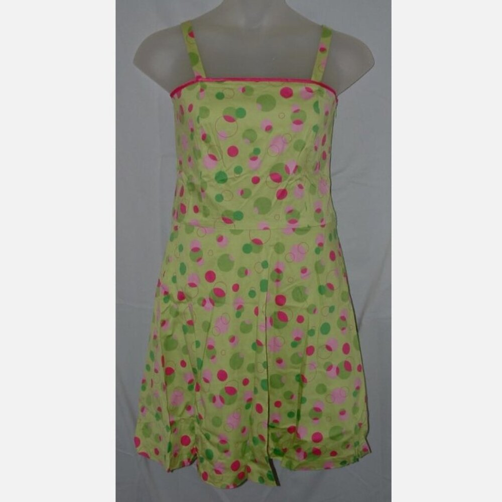 LIKE NEW Green & Pink Polka Dot Sz 12 Sleeveless Lined Fit & Flare Sun Dress
